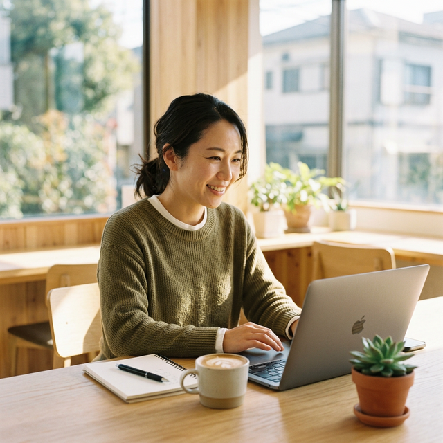 余裕の表情でAIを活用して生産的に仕事をする様子