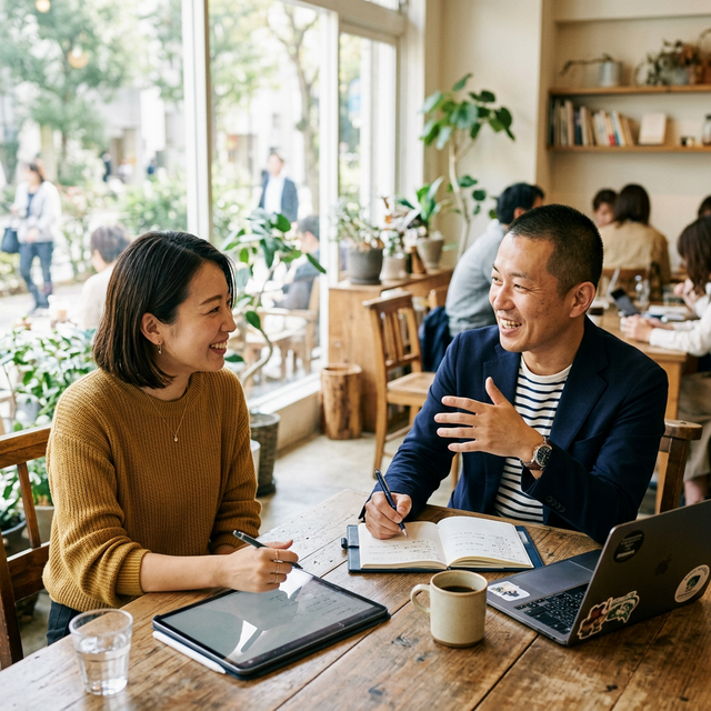 コンテンツホルダーとマーケターがカフェで打ち合わせする様子